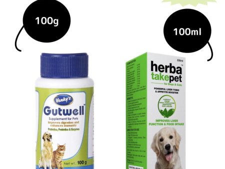 Gutwell Probiotic Powder (100g) & Herbatake Pet Liver Tonic (100ml) Combo for Dogs & Cats For Sale