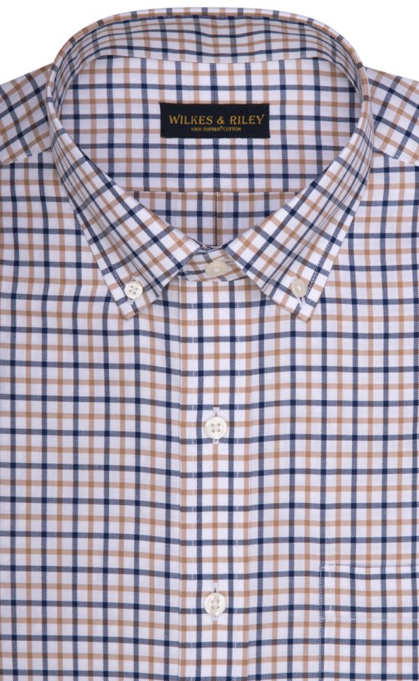 Tailored Fit Tan   Navy Twill Check Supima® Cotton Non-Iron Button-Down Collar Sport Shirt Online