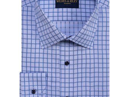 Classic Fit Blue Dobby Grid Spread Collar Non-Iron Dress Shirt For Discount