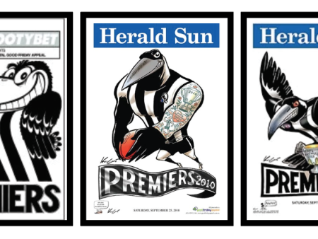 3 X OFFICIAL HERALD SUN MARK KNIGHT & WEG COLLINGWOOD MAGPIES 1990, 2010 & 2023 FRAMES Hot on Sale