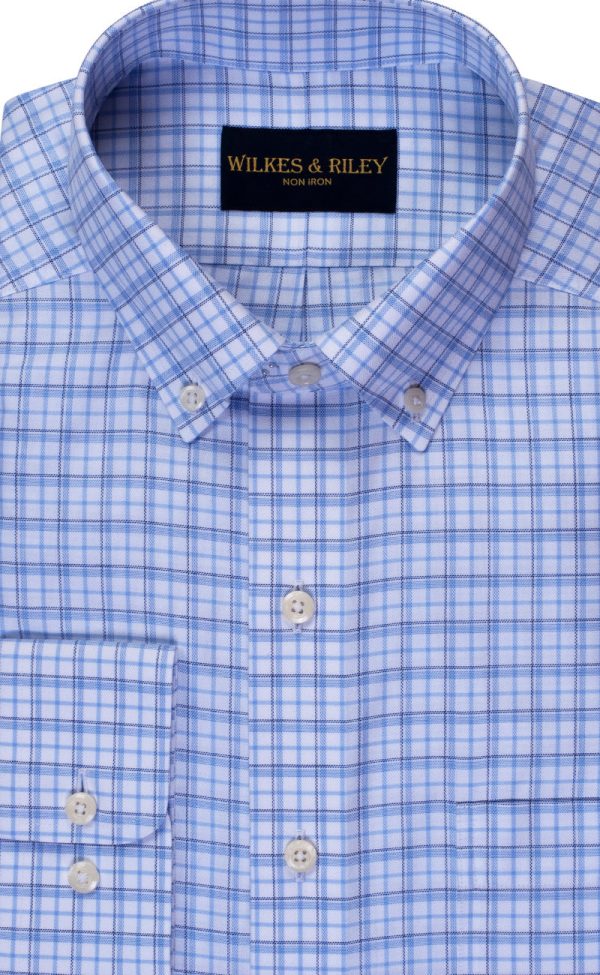 Classic Fit Blue  Navy Twill Check Button-Down Collar Non-Iron Sport Shirt For Cheap