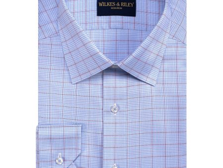 Tailored Fit Sky Blue   Burgundy Windowpane Spread Collar Non-Iron Dress Shirt Discount