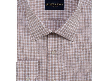 Tailored Fit Tan Spread Collar Non-Iron Queens oxford Check Dress Shirt Discount