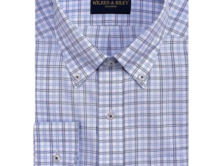 Classic Fit Blue   Sky Plaid Button-Down Collar Non-Iron Sport Shirt For Cheap