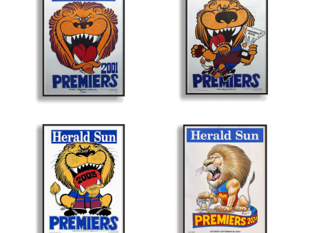 4 x BRISBANE LIONS OFFICIAL HERALD SUN 2001, 2002, 2003 & 2024 FRAMED POSTER Supply