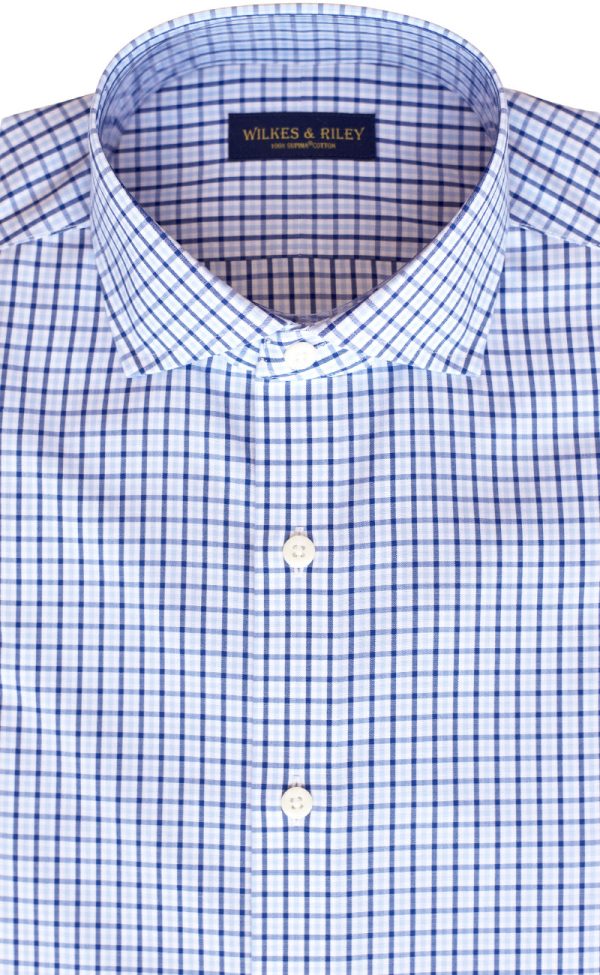 Tailored Fit Sky   Navy Tattersall check English Spread Collar Supima® Non-Iron Cotton Broadcloth Sport Shirt Sale