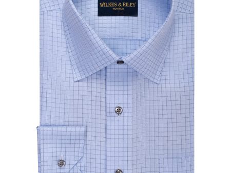 Classic Fit Blue Spread Collar Non-Iron Herringbone check Dress Shirt Cheap