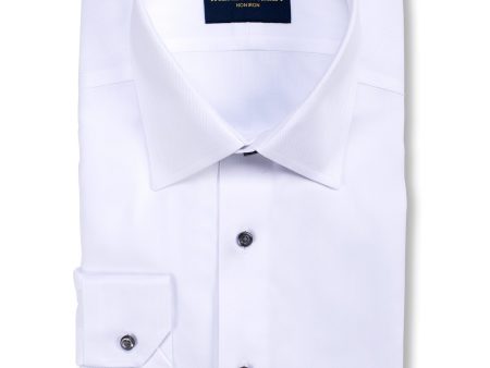 Tailored Fit White Spread Collar Non-Iron Herringbone Dress Shirt For Sale