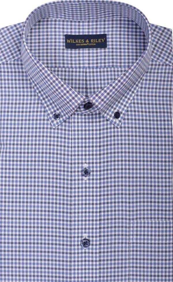 Classic Fit Blue & Dark Grey Check Button-Down Collar Supima® Non-Iron Cotton Broadcloth Sport Shirt (B T) Supply