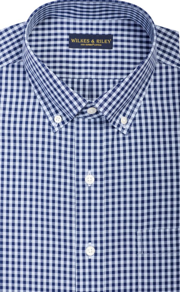 Classic Fit Sky   Navy Large Gingham Check Button-Down Collar Supima® Non-Iron Cotton Broadcloth Sport Shirt For Cheap