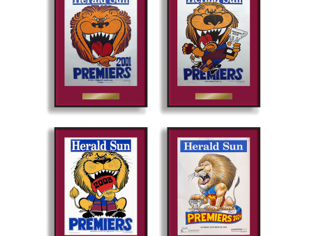 4 x DELUXE BRISBANE LIONS OFFICIAL HERALD SUN 2001, 2002, 2003 & 2024 FRAMED POSTER (Maroon Edition) For Cheap