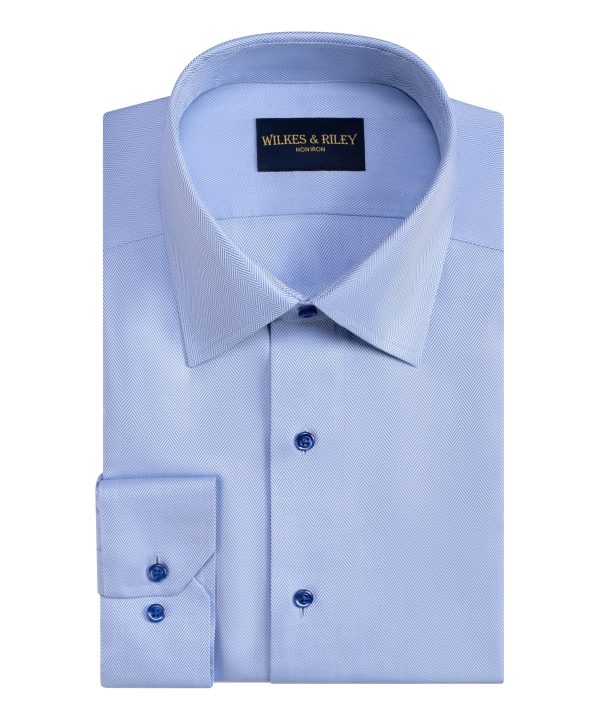 Classic Fit Blue Spread Collar Non-Iron Herringbone Dress Shirt Online now