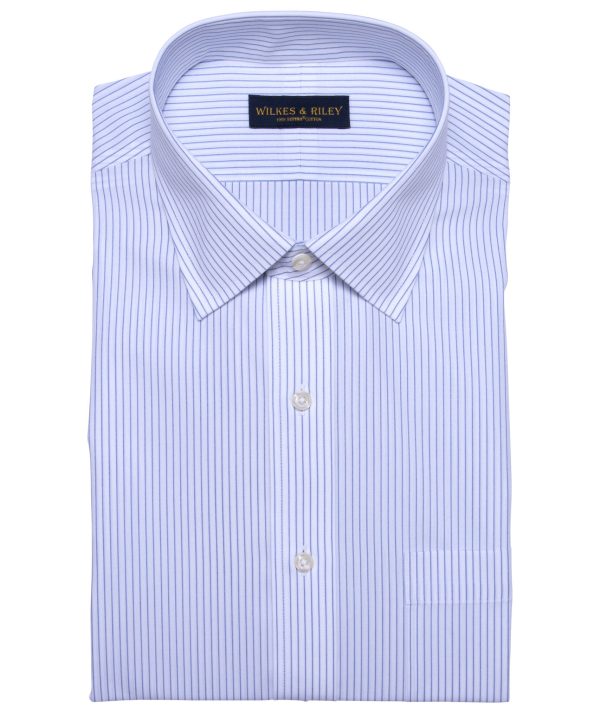 Tailored Fit White Ground Blue Stripe Spread Collar  Supima® Cotton Non-Iron Broadcloth Online Hot Sale