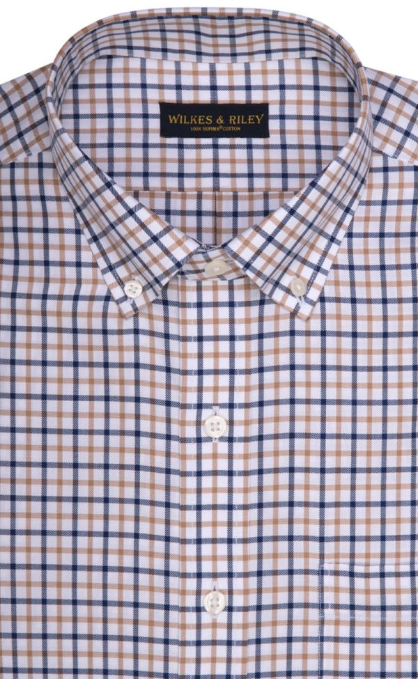 Tailored Fit Tan   Navy Twill Check Supima® Cotton Non-Iron Button-Down Collar Sport Shirt (B T) For Discount